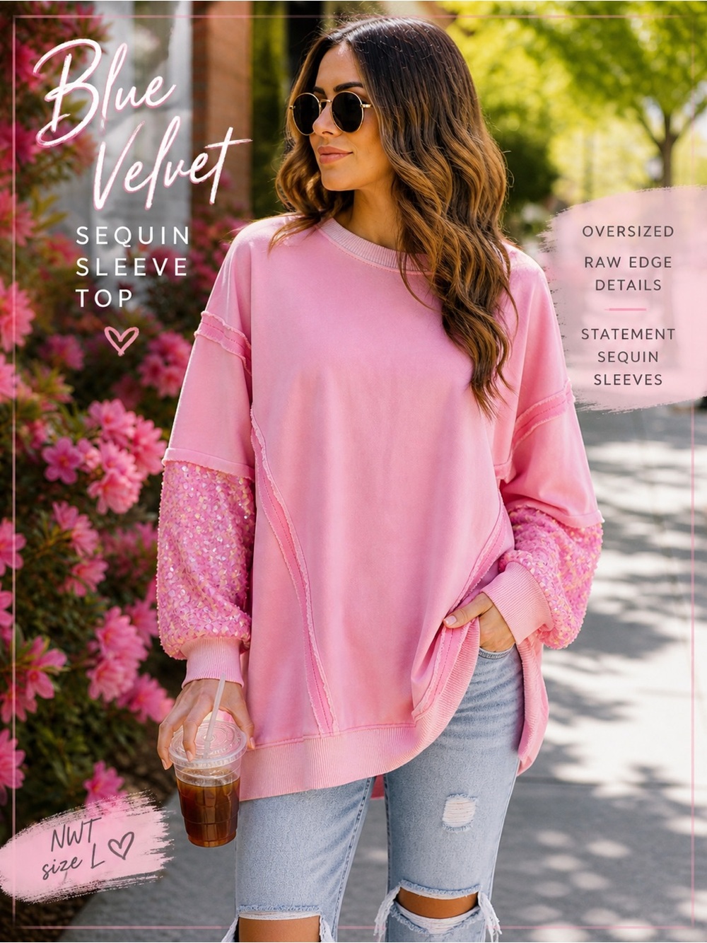 Blue Velvet Pink Sequin Sleeve Top | Oversized Raw Edge Sweatshirt | NWT L